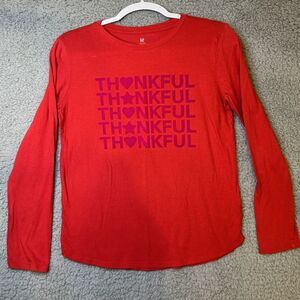 Gap Kids Girls Thankful‎ Red Pink Heart Embroider Long Sleeve Cotton T-shirt XXL